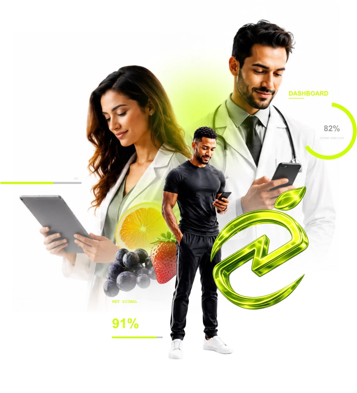 Nutricionistas usando o NutriOS no computador e no celular, com indicadores de adesão e resultados dos pacientes.